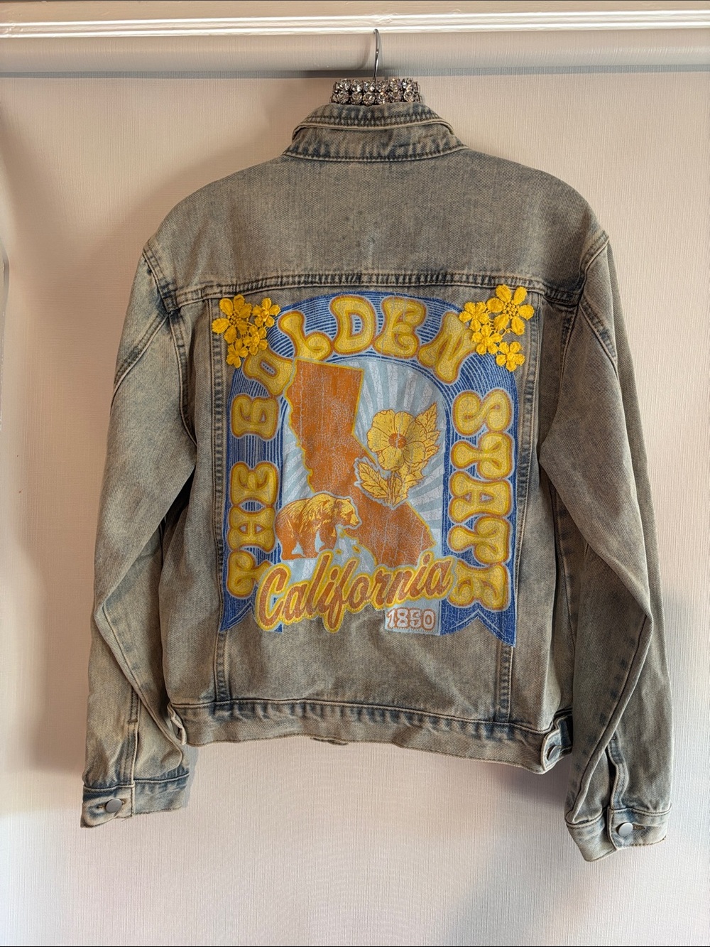 Vintage denim Jacket with California Patchwork - Yellow & Blue